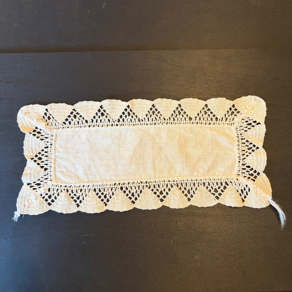 Vintage Off White Linen Dresser Scarf Crochet Lace Trim Small Table Runner 13x6